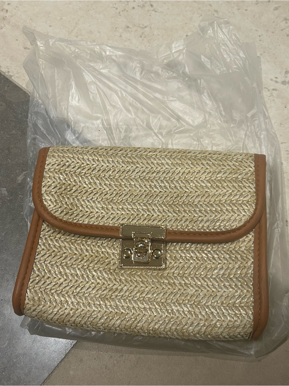Straw Woven Crossbody Bag with Tan Trim